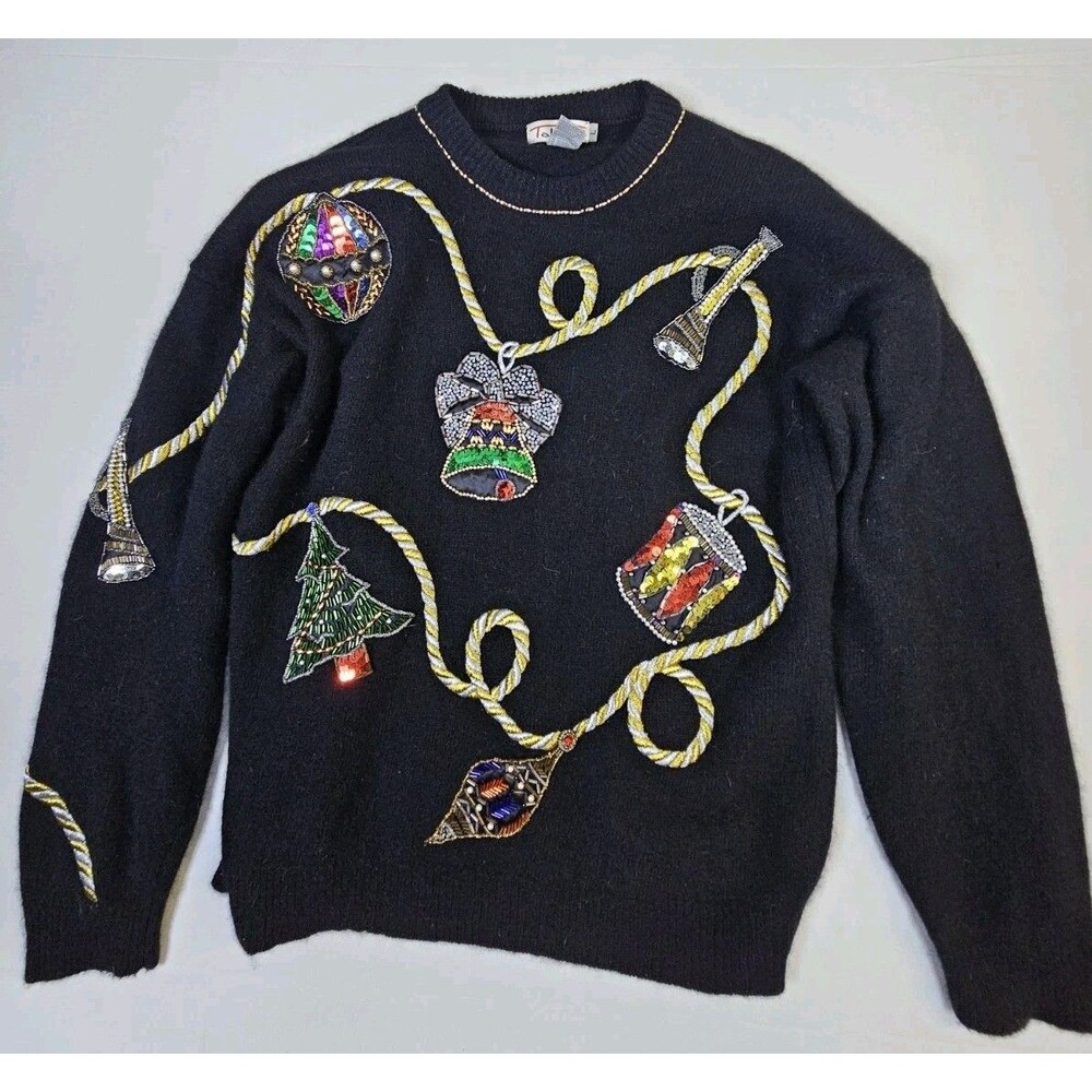 Talbots Sweater Women's Large Black Lambswool Angora Rabbit CHRISTMAS Ornaments